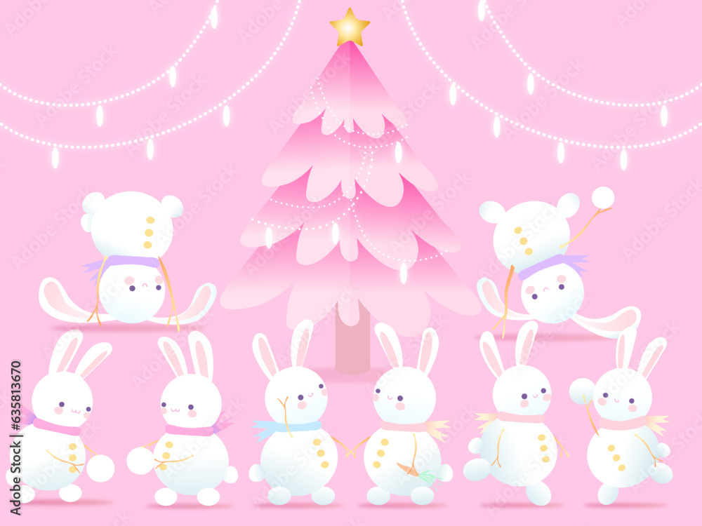 Obraz premium Happy baby Christmas poster with cute cartoon animals kawaii style on pink background pink Christmas tree rabbit show snowman 