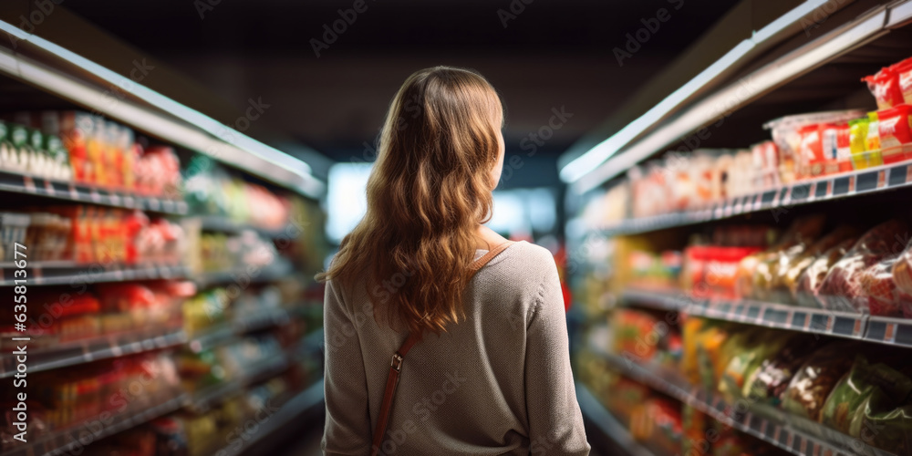Rear reiw young woman shopping in a supermarket, Customer in supermarket, generative ai