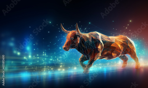 Bull shape by lines and dots polygon over the futuristic Stock market lighting. Trading and finance investment concept © Mangsaab