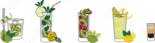 Alcohol drinks line art illustration. Vector illustration Caipirinha