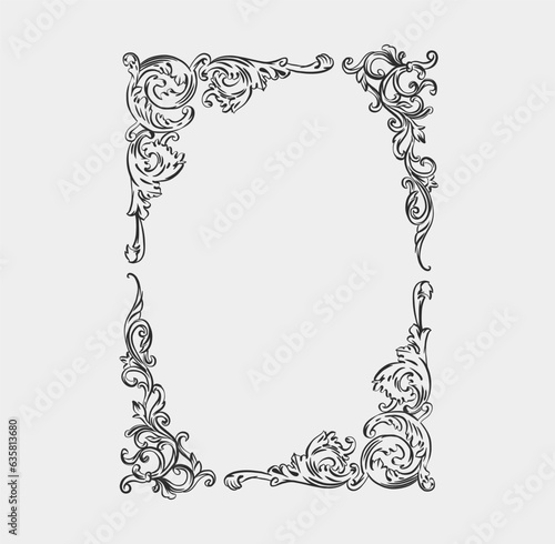 Hand drawn vector abstract outline,graphic,line art vintage baroque ornament floral frame in minimalistic modern style.Baroque floral vintage outline design concept.Vector antique frame isolated.