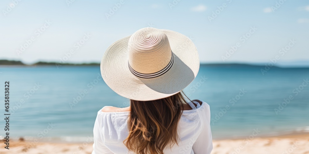 Back view young tourist woman in summer dress and hat standing on beautiful sandy beach. Cute girl enjoy her tropical sea on relax holiday vacation during summer time and sunshine day, generative ai