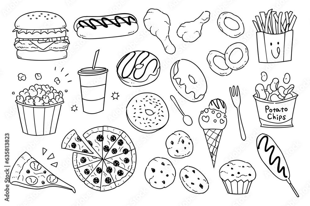 Hand-drawn rough line junk food motif set Hand-drawn rough line junk food motif set