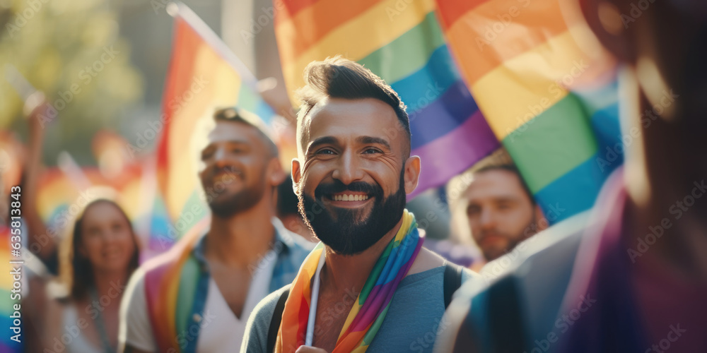 Smiling young gay man with make up standing against pride flag. Men gay enjoying during march on street for lgbt rights. Diversity and gender identity concept, generative ai Smiling young gay man with make up standing against pride flag. Men gay enjoying during march on street for lgbt rights. Diversity and gender identity concept, generative ai