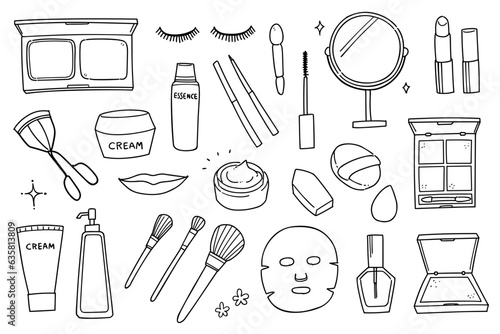 Hand-drawn rough line makeup tools motif set