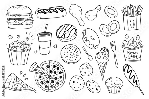 Valokuva Hand-drawn rough line junk food motif set