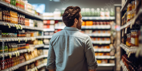 Rear reiw young man shopping in a supermarket, Customer in supermarket, generative ai