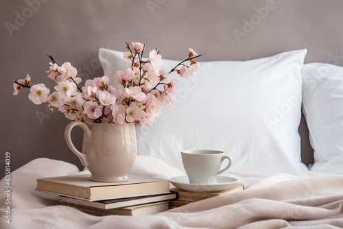 Coffee and books on wooden bedside table. White vase with pink flowers. Beige pillows on bed. Scandinavian bedroom.