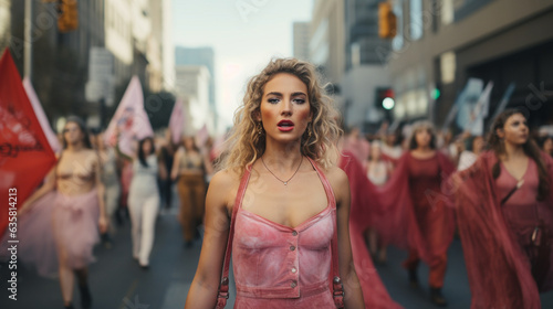 A captivating shot of a woman in a feminist-themed costume, her artistic expression adding a unique touch to her involvement in the rally  © Maksym