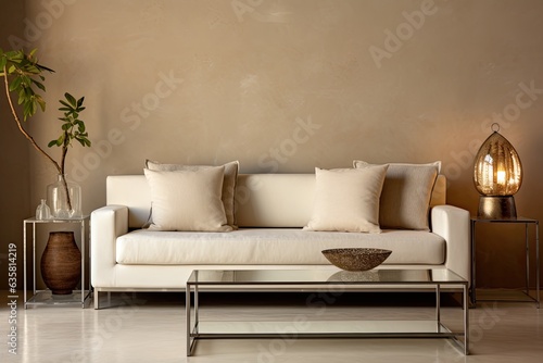 White modular sofa with chrom bowl, lamp, glass coffee table, wooden bench, stylish rack, and personal accessories in a beige stucco wall living room. Home decor.