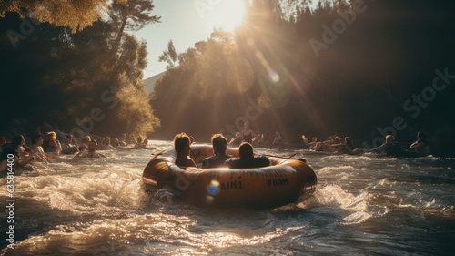 Inflateable boat on rapids in river