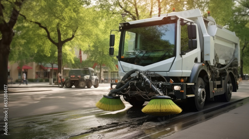 A street sweeper car machine cleaning the streets. photo