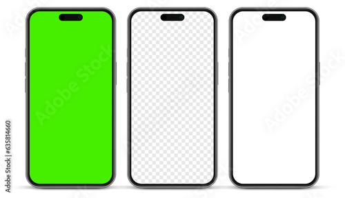 3D realistic high quality smartphone mockup with isolated background. Smart phone mockup collection. Device front view. 3D mobile phone with shadow on white background.