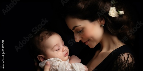 A beautiful mother who gently hugs her newborn baby and smiles.