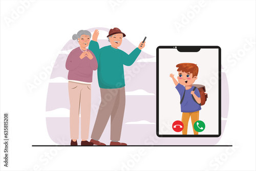 Vector illustration with happy grandparents having video call with their grandson