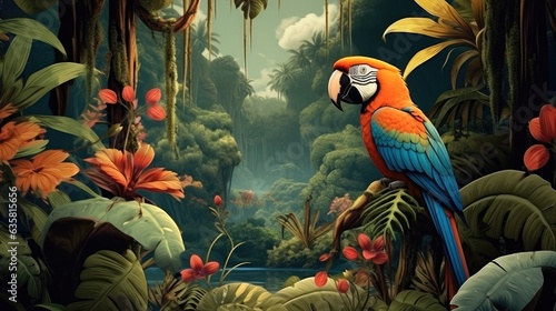 Illustration of a tropical rainforest with two parrots.