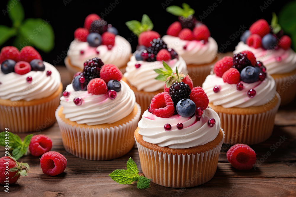 Vanilla cupcakes with cream and berries