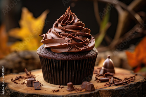 A chocolate cupcake with chocolate cream and chocolate chips stands