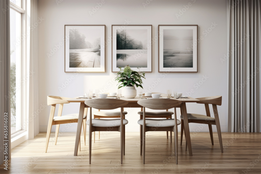 Fototapeta premium The interior of a modern kitchen and living room with a dining table and frames on the wall