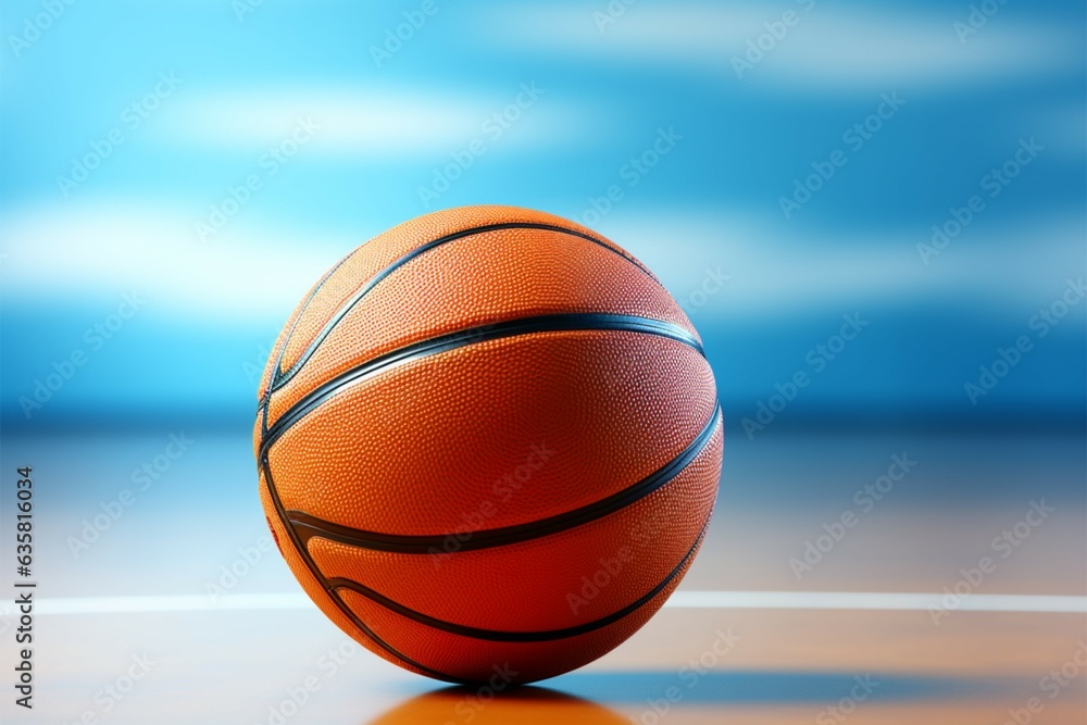 Ball on blue Basketball suspended with open space for custom text or imagery Generative AI