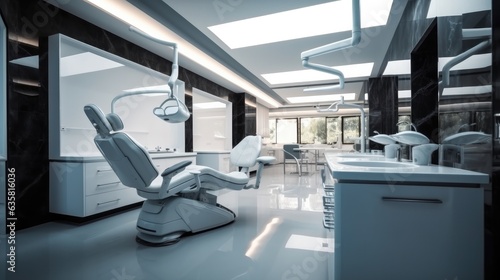 Modern dentists office  Interior of dental practice room with chair  Display and stomatology tools.