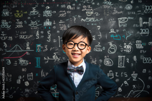 Portrait of a laughing Asian schoolboy boy with glasses on the background of a blackboard.