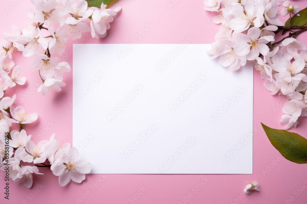 A white postcard with a flower branch lies on a pink background, a place for text A white postcard with a flower branch lies on a pink background, a place for text