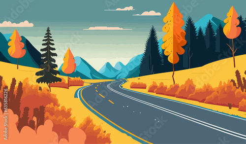 Landscape of mountain empty road in autumn with stones, pines, bushes, orange, trees and mountains. Flat colorful vector illustration
