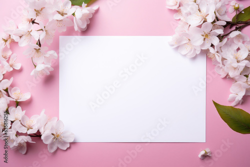 A white postcard with a flower branch lies on a pink background  a place for text
