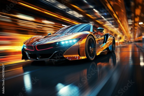 Blurred speed Race car streaks along track between start and finish lines Generative AI © Muhammad Ishaq