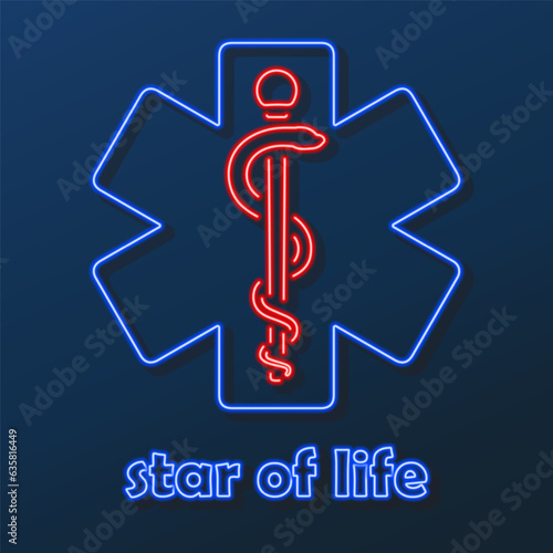 star of life neon sign, modern glowing banner design, colorful modern design trends on black background. Vector illustration.