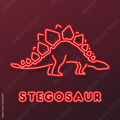 stegosaur neon sign, modern glowing banner design, colorful modern design trends on black background. Vector illustration.