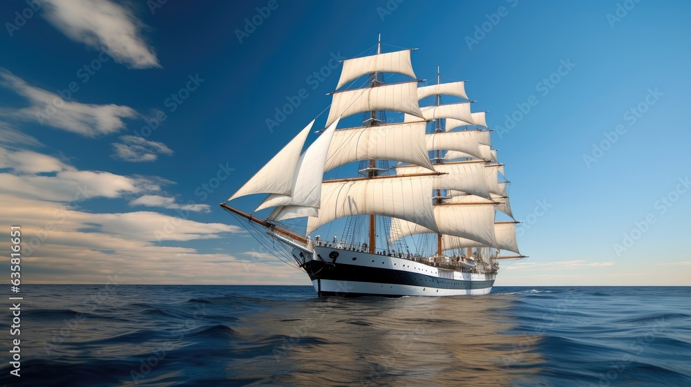 Fototapeta premium Sailing ship, Beautiful tall ship sailing deep blue waters toward adventure.