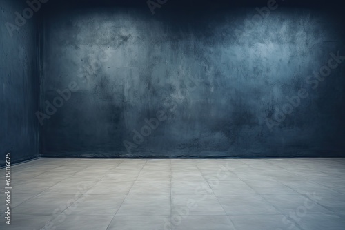 Empty room with concrete floor and dark blue wall. © 2rogan