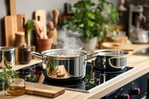 Clean saucepan on a gas stove in kitchen, Kitchen accessories at modern kitchen interior.