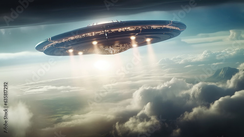 Amazing dramatic picture of an extraterrestrial spaceship or UFO shining a powerful spotlight.