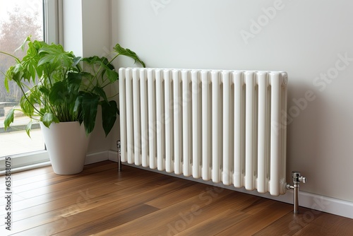 Efficient use of resources with modern, minimalist interior in apartment, including energy saving radiator and green potted plant by central heating system.