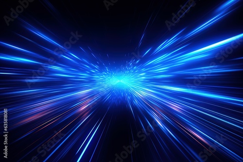 Vector abstract, science, future, energy technology concept. Digital image of rays of light, blue light streaks, speed and motion blur on a dark blue background