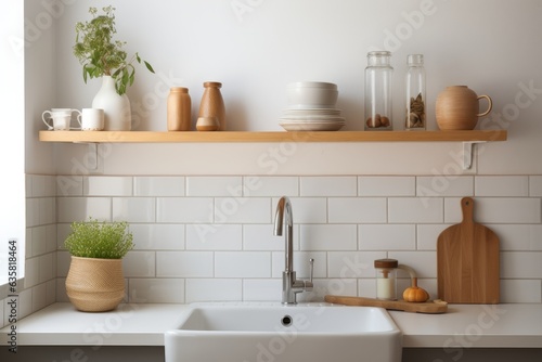 Scandinavian kitchen interior design with white sink and wooden shelves displaying utensils. Background features food products.