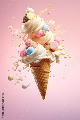 flying wafer cone with ice cream covered, strewed sprinkles