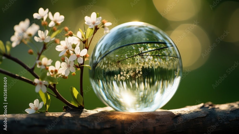 This is a crystal ball with a cherry blossom inside. Green forest background This is a crystal ball with a cherry blossom inside. Green forest background