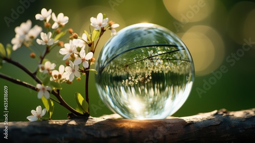 This is a crystal ball with a cherry blossom inside. Green forest background