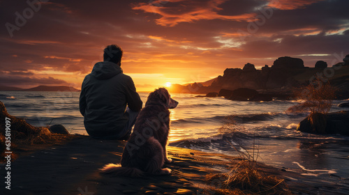 Man and dog on the beach at sunset.