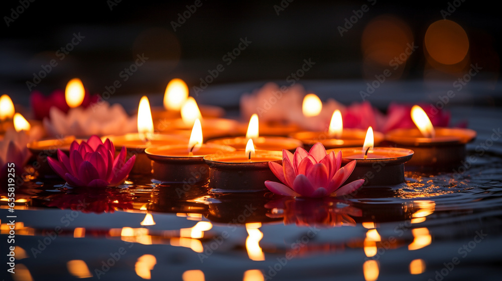 Diya candles reflected in water against a festive backdrop, Diwali, background Generative AI Diya candles reflected in water against a festive backdrop, Diwali, background Generative AI