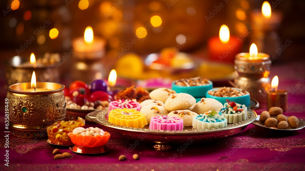 Diwali sweets and treats displayed against a colorful festive background, Diwali, background Generative AI Diwali sweets and treats displayed against a colorful festive background, Diwali, background Generative AI