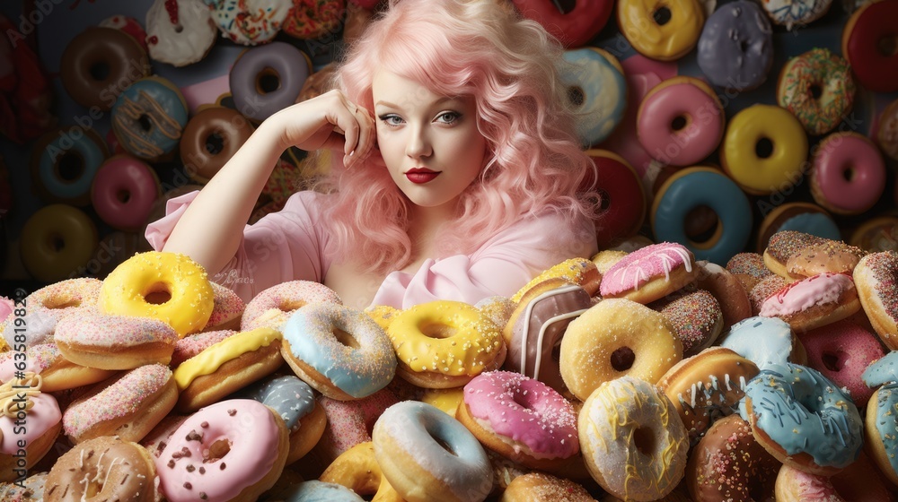 Pinkhead girl sits on a mountain of donuts, cakes and sweets. Eating sweets leads to obesity, diabetes and cardiovascular disease. Hyperbolic exaggerated stamp.