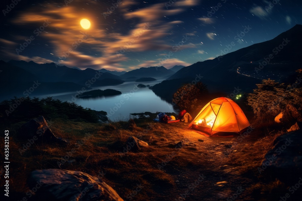 A tent glows under a night sky full of stars. Outdoor adventure, nature landscape