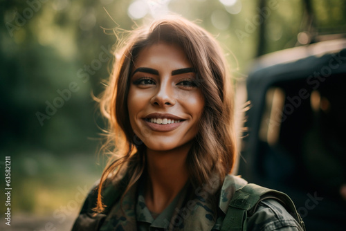 Portrait of a transgender woman, transgender soldier, ourdoors
