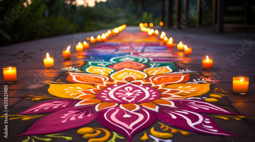 Intricately designed rangoli patterns adorning a pathway, welcoming the festive spirit of Diwali, Diwali, Diwali Background Generative AI photo