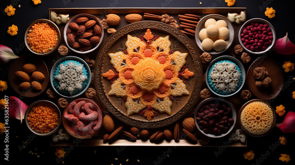 Diwali sweets arranged in an artistic pattern, showcasing the indulgence in festive culinary delights, Diwali, Diwali Background Generative AI